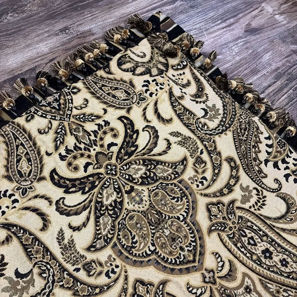 Arabella chenille damask decorative throw pillow Sham with brown & gold fringe